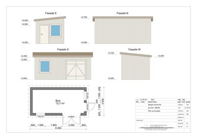 Fasadetegning som viser utsiden av en bygning sett fra fire sider (E, N, S, W) samt en etasjeplan med mål.