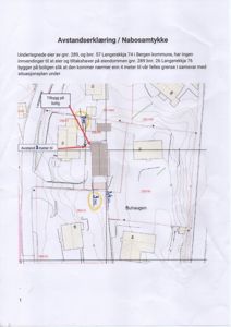Situasjonsplan som viser eiendomsgranser, avstander mellom bygninger og topografi.