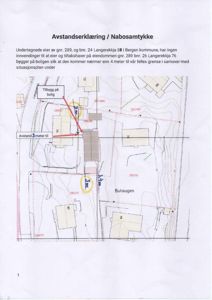 Situasjonsplan som viser eiendomsgrenser, nabobygninger og avstander (f.eks. 4 meter til felles grense).