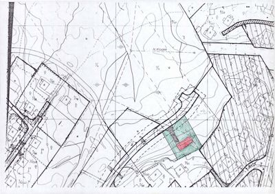 Situasjonsplan som viser tomtens plassering i forhold til nabolag, høydeforhold (konturlinjer), og eksisterende infrastruktur.