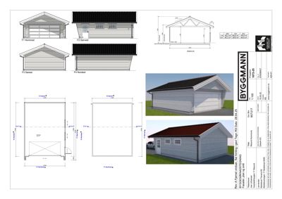 Fasadetegning med oppriss av en garasje sett fra fire sider (Nordvest, Sørvest, Sørøst, Nordøst), samt snittegning (Snitt A-A) og en 3D-visualisering av fasaden.
