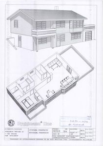 Tegning som viser etasjeplan (innvendig perspektiv) og fasade (utvendig perspektiv) av en bolig.
