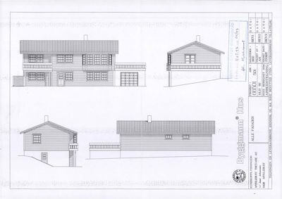 Fasadetegning som viser bygningens utsyn fra fire ulike vinkler (front, side, bak og en skrå vinkel).