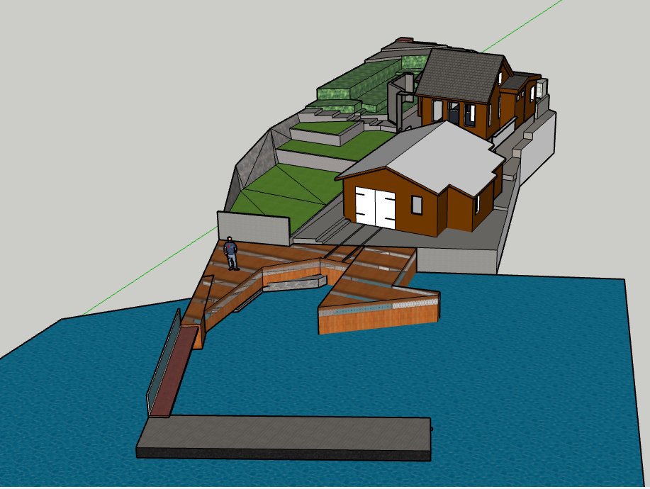 3D-visualisering av en bolig med tilhørende brygge og omgivelser