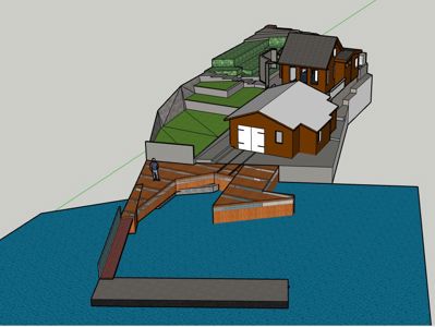 3D-visualisering av en bolig med tilhørende brygge og omgivelser