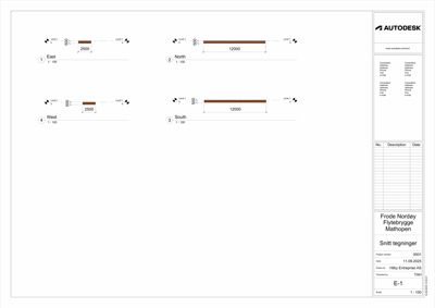 Snittegning som viser bygningens tverrsnitt i fire retninger (øst, nord, vest, sør) med mål og nivåer.