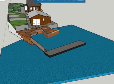 3D-visualisering av en bygning ved vannet med en personfigur for skala.