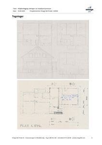 Bildet viser en samling tegninger, inkludert etasjeplaner (PLAN 1. ETG.) og fasadeopprikk for en bygning.