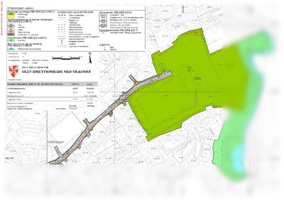 Situasjonsplan som viser etterspørselsområde for en idrettshall, med arealplanleggingsgrenser, topografi og infrastruktur.
