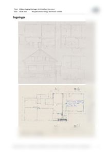 Bildet viser en samling tegninger, inkludert etasjeplaner (PLAN 1. ETG.) og fasadeopprikk for en bygning.