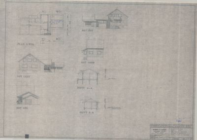 En tegning som viser fasadeoppsett (mot vest, mot øst, mot nord, mot sør) og snittegninger (A-A, B-B) for en bygning.