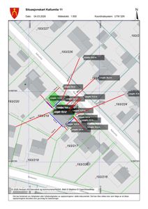 Situasjonskart som viser tomtedeling, eiendomsnummer (f.eks. 193/226), bygninger og veier i området Kallumlia 1.
