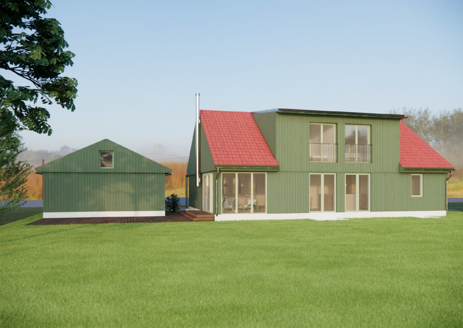3D-visualisering av en grønn villa med rød takflate sett fra siden, inkludert en tilhørende uthus.