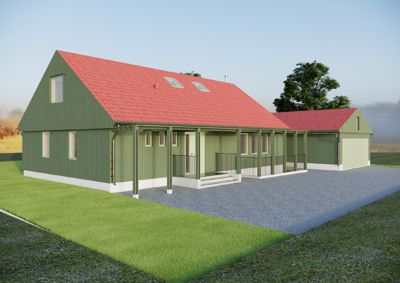 3D-visualisering av en grønn hytte med rødt tak sett fra en vinkel som viser fasade og deler av tomten.