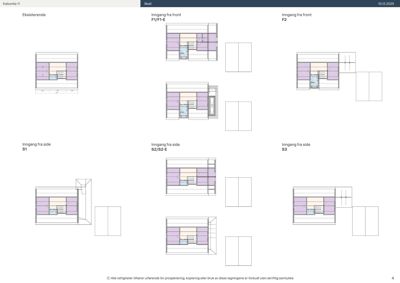 Fasadetegning som viser oppriss av bygningens front og side for ulike etasjer (F1/F1 E, F2, S1, S2/S2 E, S3) med innganger og romfordeling.