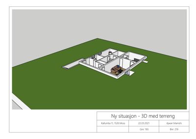 3D-visualisering (rendering) av en ny situasjon med terreng og bygning.