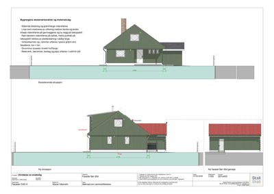 Fasadetegning som viser bygningens utseende fra sør-øst, inkludert eksisterende og ny situasjon med mål og materialvalg.