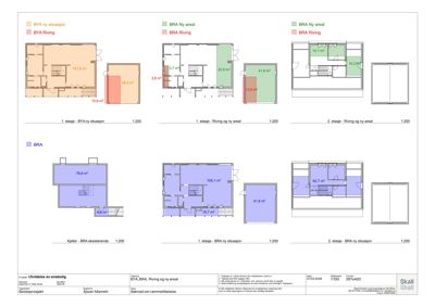 Etasjeplaner som viser romfordeling og areal for ulike etasjer (kjeller, 1. og 2. etasje) i en bygning.