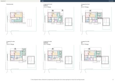 Et sammenlignende arkiv med etasjeplaner for en bolig. Bildet viser en eksisterende plan (venstre kolonne) og tre ulike forslag til tilbygg (midten og høyre kolonne) med angitte arealer og inngangsplasseringer.
