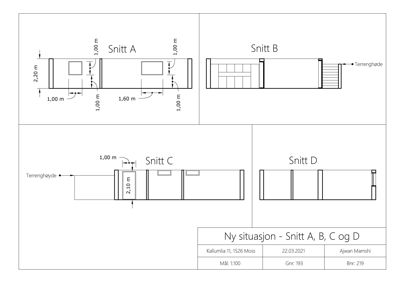 Tegning som viser fire ulike snitt (A, B, C og D) gjennom en bygning, med angitte mål og terrengforhold.