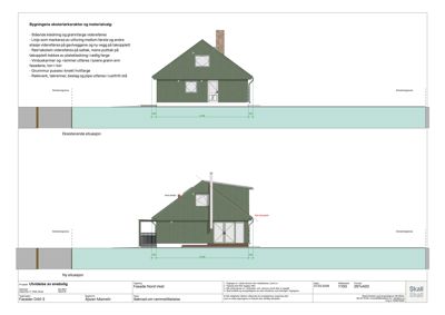 Fasadetegning som viser bygningens utseende fra nordvest, inkludert eksisterende og ny situasjon med detaljer om materialvalg og farger.