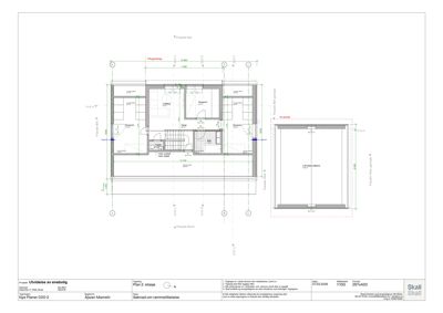 Plantegning av 2. etasje i en enebolig som viser romfordeling, dører, vinduer og mål.