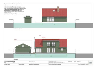 Fasadetegning som viser bygningens utvendige utseende, materialvalg og situasjon i forhold til eksisterende bebyggelse.
