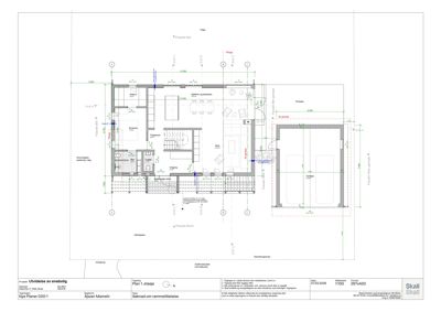 Etasjeplan (Plan 1. etasje) som viser romfordeling, dimensjoner og fasadeorientering for en utvidelse av en enebolig.