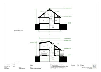Snittegning som viser tverrsnittet av en bygning før og etter en utvidelse. Tegningen illustrerer romfordeling, høyder, takform og konstruksjonsdetaljer.