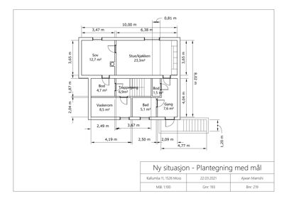 Etasjeplan (plantegning) med romfordeling, mål og areal for en bolig.