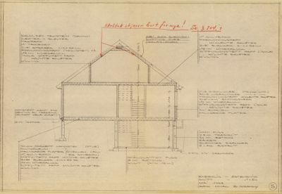Snittegning av en bygning som viser konstruksjonen, etasjer og romfordeling.