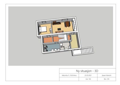 3D-visualisering (rendering) av etasjens romfordeling og møblering.
