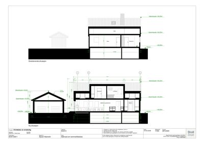 Snittegning som viser tverrsnittet av en eksisterende og ny bygning med romfordeling og høydemål.