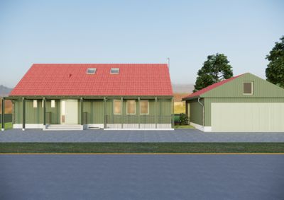 3D-visualisering (rendering) av en grønn hytte med rødt tak og en tilhørende garasje, sett fra front.