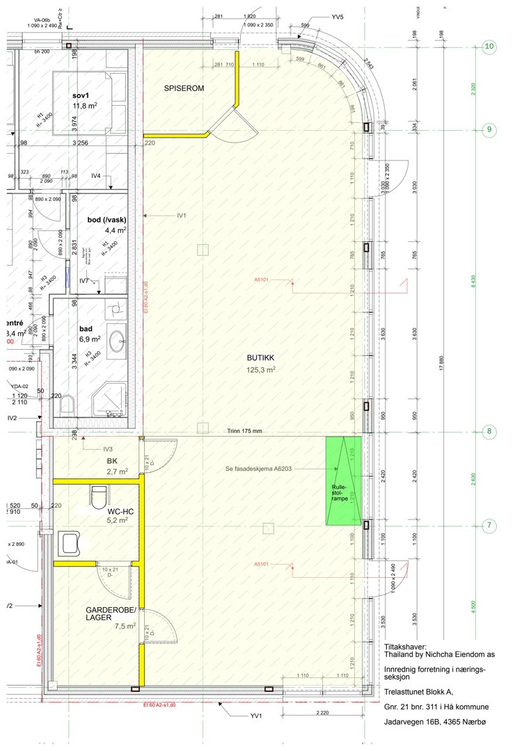 Etasjeplan for en butikk med angitte rom (spiserom, bad, garderobe) og mål.