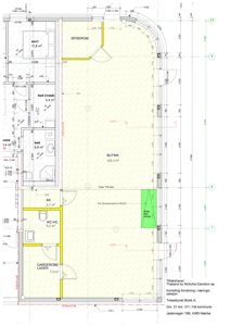 Etasjeplan for en butikk med angitte rom (spiserom, bad, garderobe) og mål.
