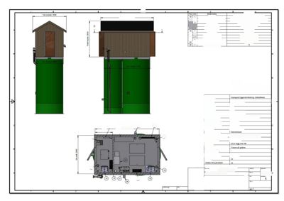 Fasadetegning som viser bygningens utsyn fra front og side, samt en snittegning (D-D) som viser innvendig oppbygning og detaljer.