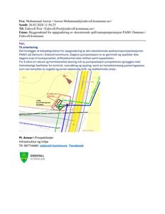 Situasjonsplan som viser plassering av en ny pumpestasjon (PA001) i forhold til eksisterende infrastruktur, veier og anlegg.