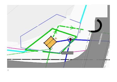 Situasjonsplan som viser eksisterende areal (grønn linje) og planlagt utvidelse (blå linje) av en tomt, med angitte mål og grenser.