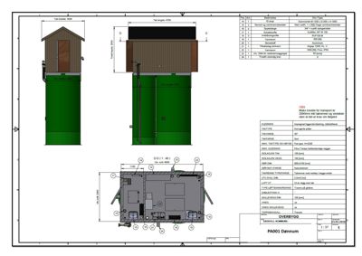 Fasadetegning som viser bygningens utsyn fra front og side, samt en snittegning (D-D) som viser innvendig oppbygning og detaljer.