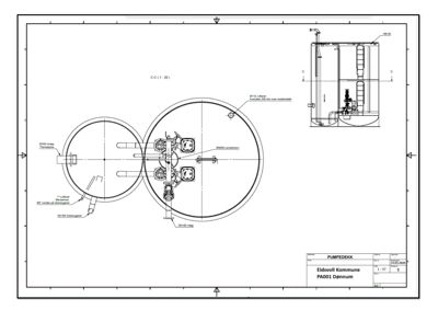 En teknisk tegning som viser et snitt (C-C) gjennom en pumpeanlegg (PumpeDEKK) med detaljer om rør, motorer og innvendig konstruksjon.