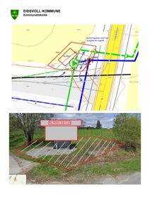 Situasjonsplan som viser en ny parkeringsplass (Ny PA001 Dønnum) med overlappende geometri og mål fra Eidsvoll kommune.