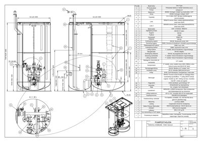 Detaljtegning av en pumpestasjon med oppriss, snitt og konstruksjonsdetaljer.