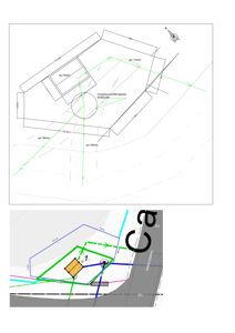 Situasjonsplan som viser tomtens geometri, bygningens plassering, avstander til naboeiendom og infrastruktur (veier, vannledninger), samt plassering av en innløps- og utløpsbufferingstank.