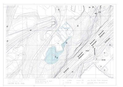 Situasjonsplan som viser topografi (konturlinjer), eiendomsnummer (60/35), veier (Bodøveien) og en markert område for fjellfjerning.
