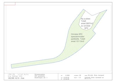Situasjonsplan som viser et område (SP2) med parkbelte og en planlagt p-plass, inkludert arealopplysninger.