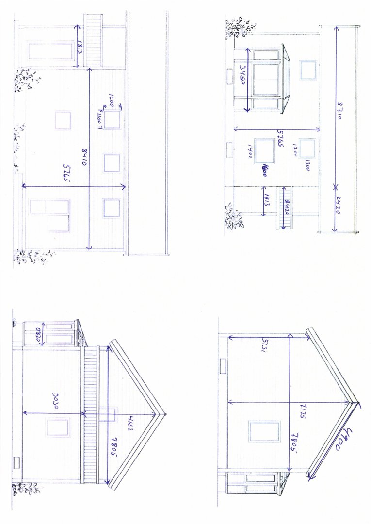 Fasadetegning med mål for en bygning sett fra flere vinkler