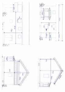 Fasadetegning med mål for en bygning sett fra flere vinkler