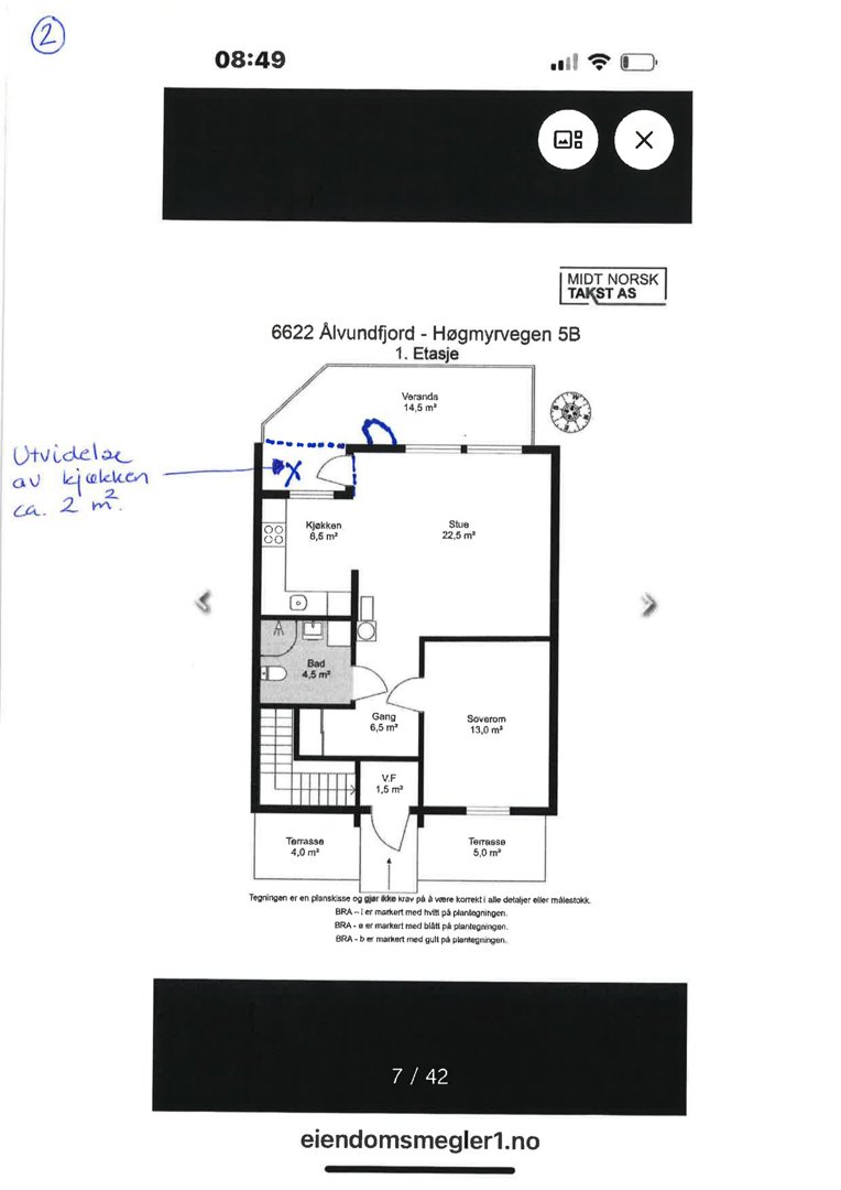Etasjeplan for 1. etasje i en bolig, med romfordeling og arealoppsett.