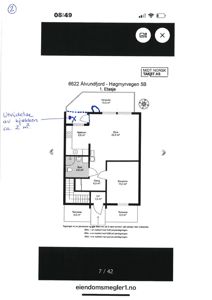 Etasjeplan for 1. etasje i en bolig, med romfordeling og arealoppsett.
